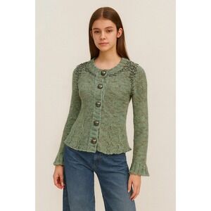 Vintage BCBGMAXAZRIA Knit Cardigan Beaded Embellished Ruffle Trim Green Brown XL